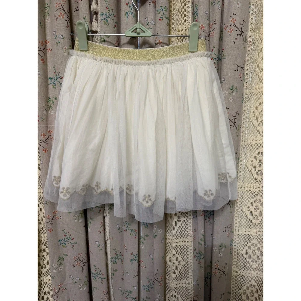 Mini Boden Ivory Tulle Embroidered Skirt Gold Waist Girls 9 10Y